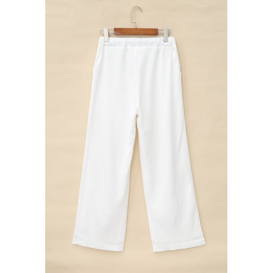 White Drawstring Waist Crinkled Wide Leg Pants