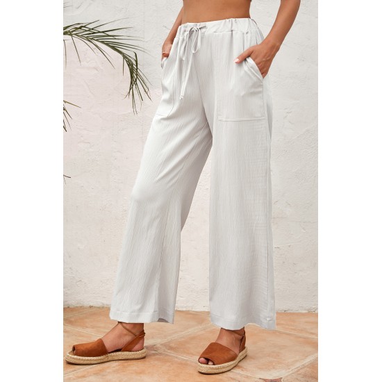 White Drawstring Waist Crinkled Wide Leg Pants