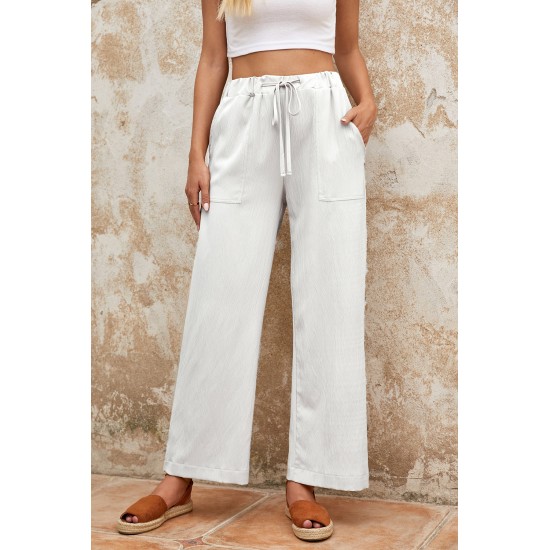 White Drawstring Waist Crinkled Wide Leg Pants