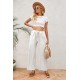 White Drawstring Waist Crinkled Wide Leg Pants