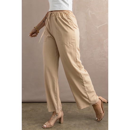 Khaki Drawstring Waist Crinkled Wide Leg Pants