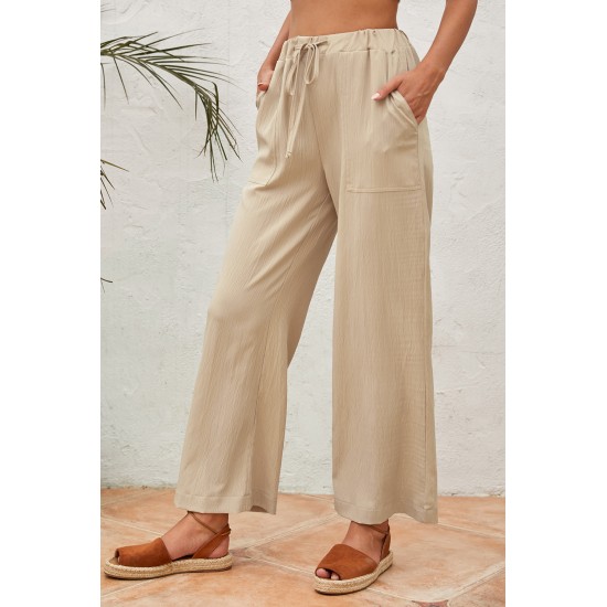 Khaki Drawstring Waist Crinkled Wide Leg Pants