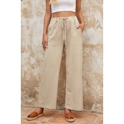 Khaki Drawstring Waist Crinkled Wide Leg Pants