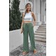 Green Drawstring Waist Crinkled Wide Leg Pants