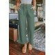 Green Drawstring Waist Crinkled Wide Leg Pants