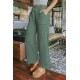 Green Drawstring Waist Crinkled Wide Leg Pants