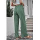 Green Drawstring Waist Crinkled Wide Leg Pants