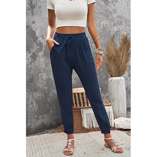 Blue Drawstring Elastic Waist Joggers with Pockets