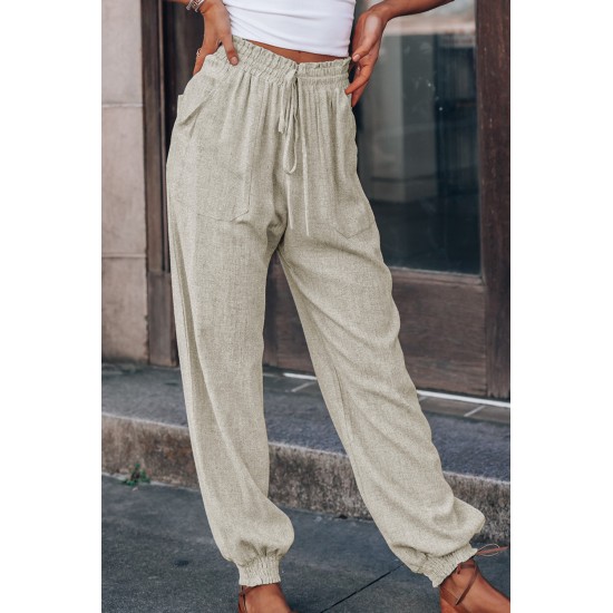 Beige Casual Drawstring High Waist Pockets Joggers