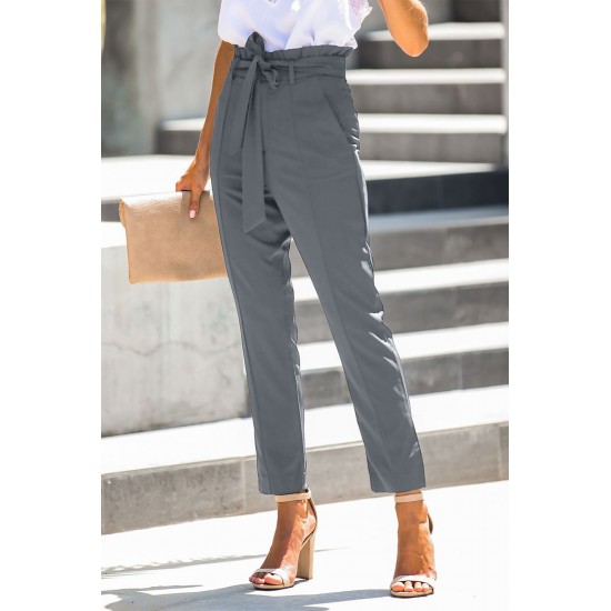 Gray Casual Paperbag Waist Straight Leg Pants with Belt