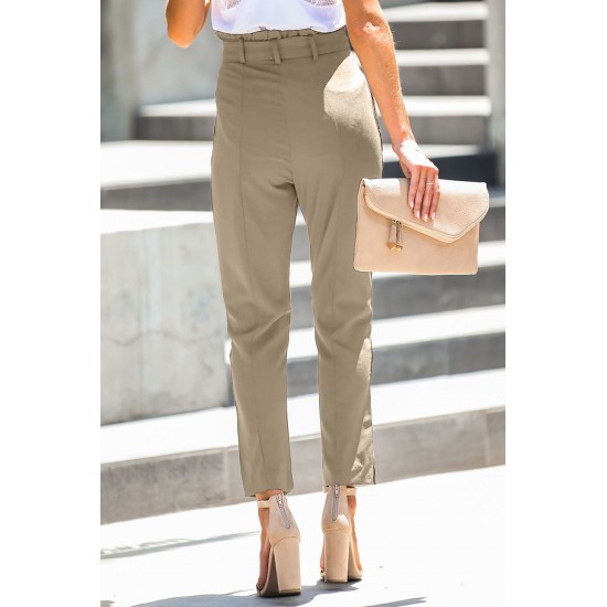 Khaki Casual Paperbag Waist Straight Leg Pants with Belt