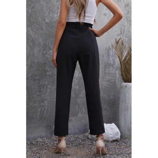 Black Casual Paperbag Waist Straight Leg Pants with Belt