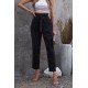 Black Casual Paperbag Waist Straight Leg Pants with Belt