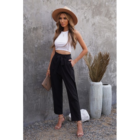 Black Casual Paperbag Waist Straight Leg Pants with Belt