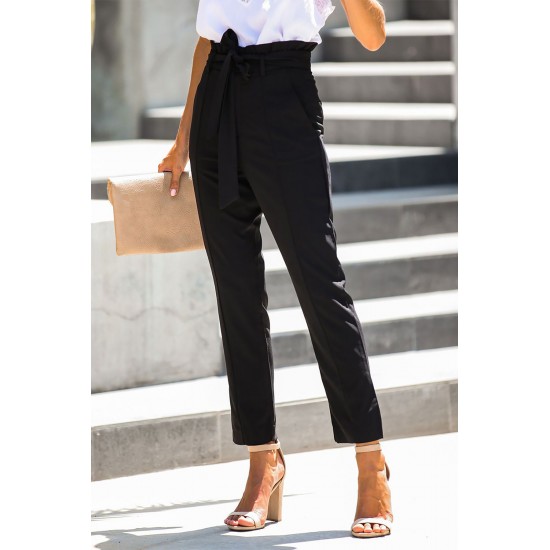 Black Casual Paperbag Waist Straight Leg Pants with Belt