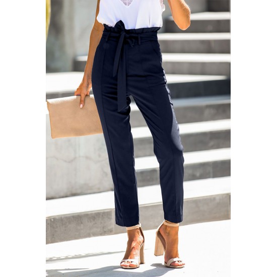 Blue Casual Paperbag Waist Straight Leg Pants with Belt