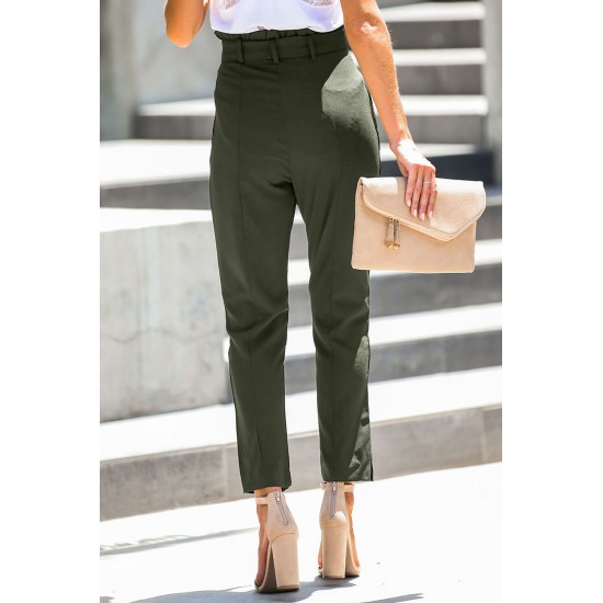 Green Casual Paperbag Waist Straight Leg Pants with Belt