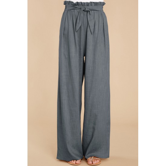 Gray Casual High Rise Paperbag Waist Wide Leg Pants