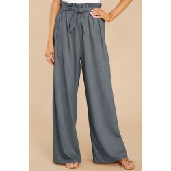 Gray Casual High Rise Paperbag Waist Wide Leg Pants