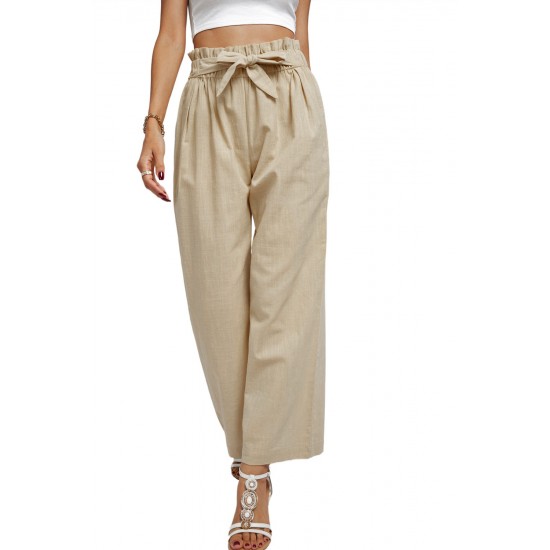 Khaki Casual High Rise Paperbag Waist Wide Leg Pants