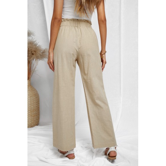 Khaki Casual High Rise Paperbag Waist Wide Leg Pants