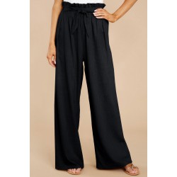 Black Casual High Rise Paperbag Waist Wide Leg Pants