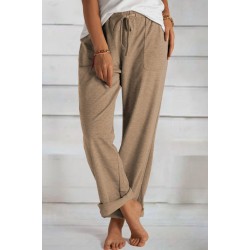 Khaki Loose Drawstring Waist Knit Pants with Pockets