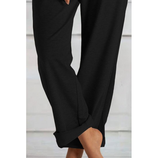 Black Loose Drawstring Waist Knit Pants with Pockets