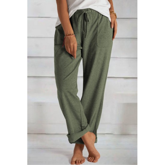 Green Khaki Loose Drawstring Waist Knit Pants with Pockets