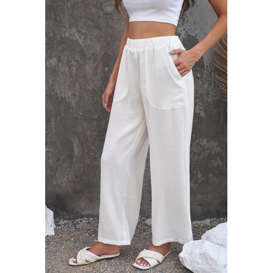 White Elastic Waist Pocketed Wide Leg Pants