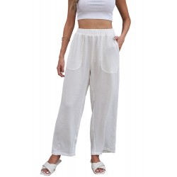 White Elastic Waist Pocketed Wide Leg Pants