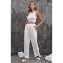 White Elastic Waist Pocketed Wide Leg Pants