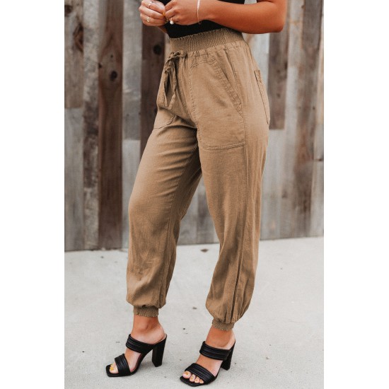 Khaki Elastic Waist Jogger Pants with Pocket