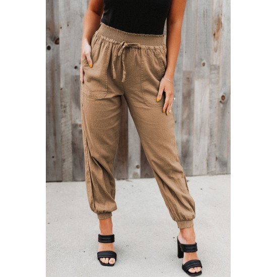 Khaki Elastic Waist Jogger Pants with Pocket