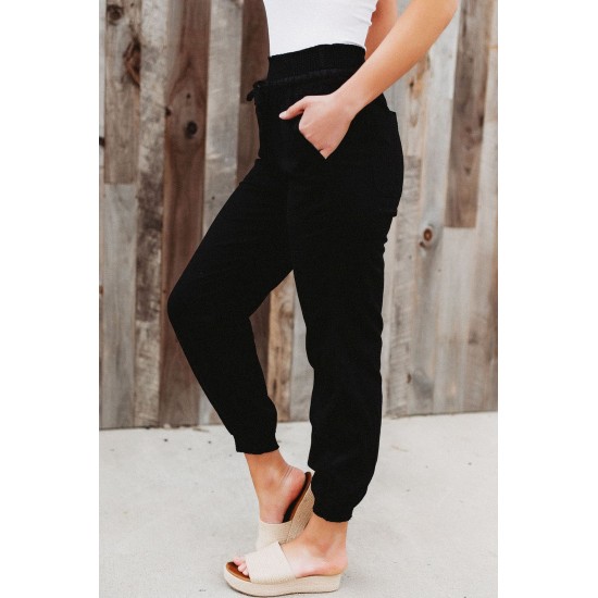 Black Elastic Waist Jogger Pants with Pocket