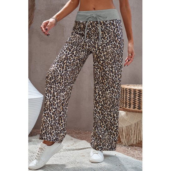 Leopard Print Drawstring Waist Wide Leg Pants