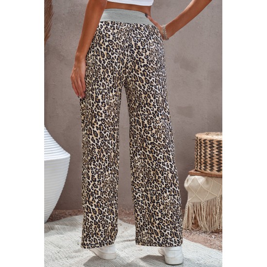 Leopard Print Drawstring Waist Wide Leg Pants