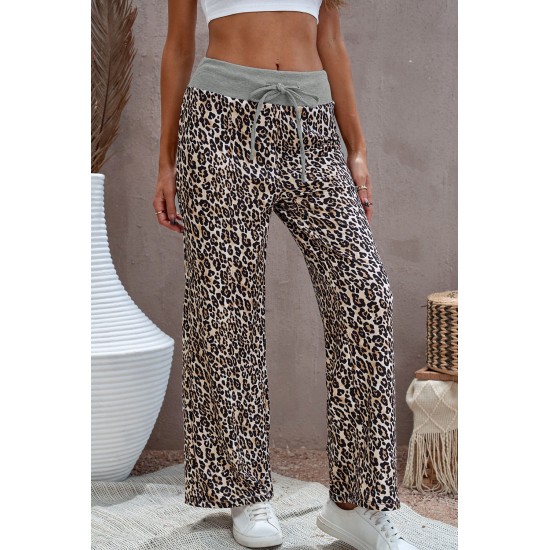 Leopard Print Drawstring Waist Wide Leg Pants