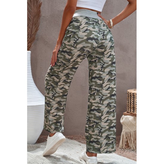 Camouflage Print Drawstring Waist Wide Leg Pants