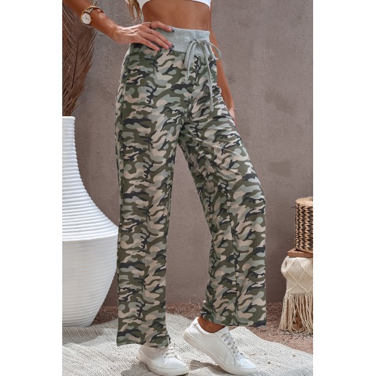 Camouflage Print Drawstring Waist Wide Leg Pants