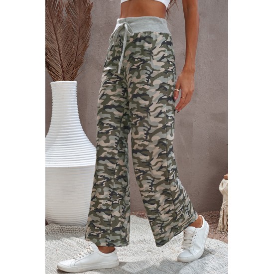 Camouflage Print Drawstring Waist Wide Leg Pants