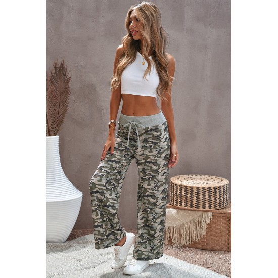 Camouflage Print Drawstring Waist Wide Leg Pants