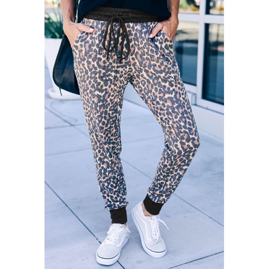 Leopard Print Drawstring Joggers with Side Pocket