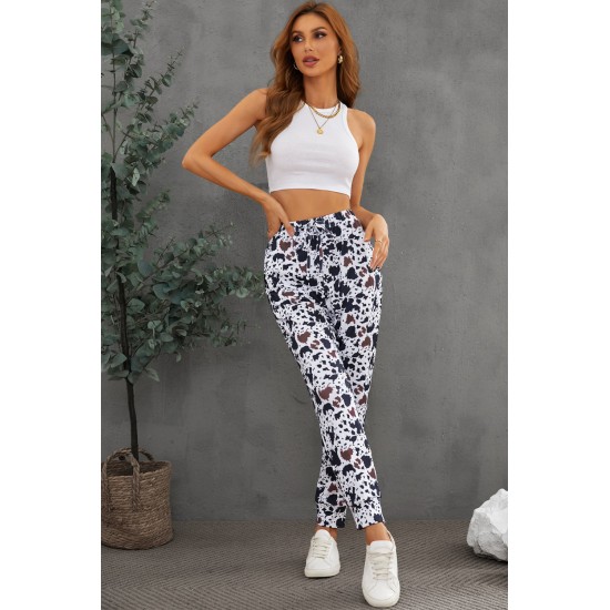 Drawstring Elastic Waist Cow Print Pants