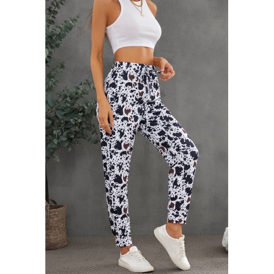 Drawstring Elastic Waist Cow Print Pants