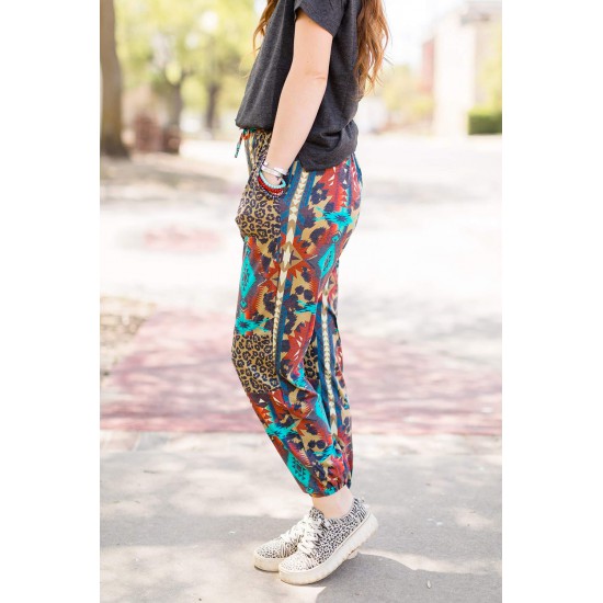 Aztec Leopard Patchwork High Waist Slim-fit Pants