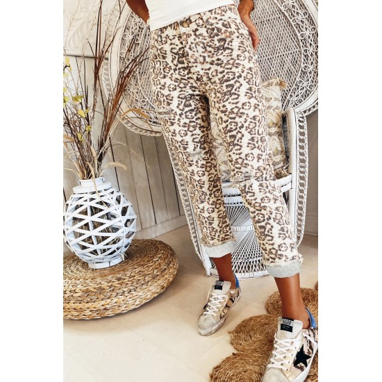 Leopard Raw Hem Straight Legs Pants