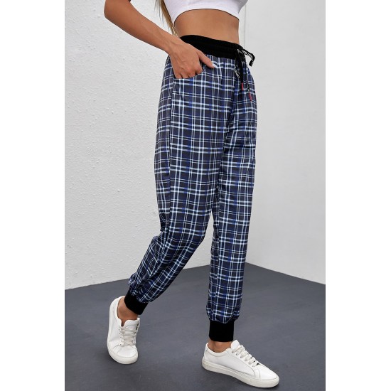 Blue High Waisted Drawstring Plaid Joggers with Pockets