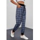 Blue High Waisted Drawstring Plaid Joggers with Pockets