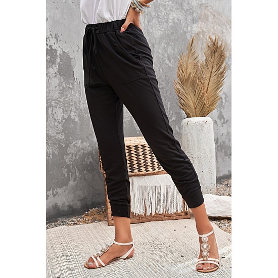 Black Pocketed Drawstring Casual Pants